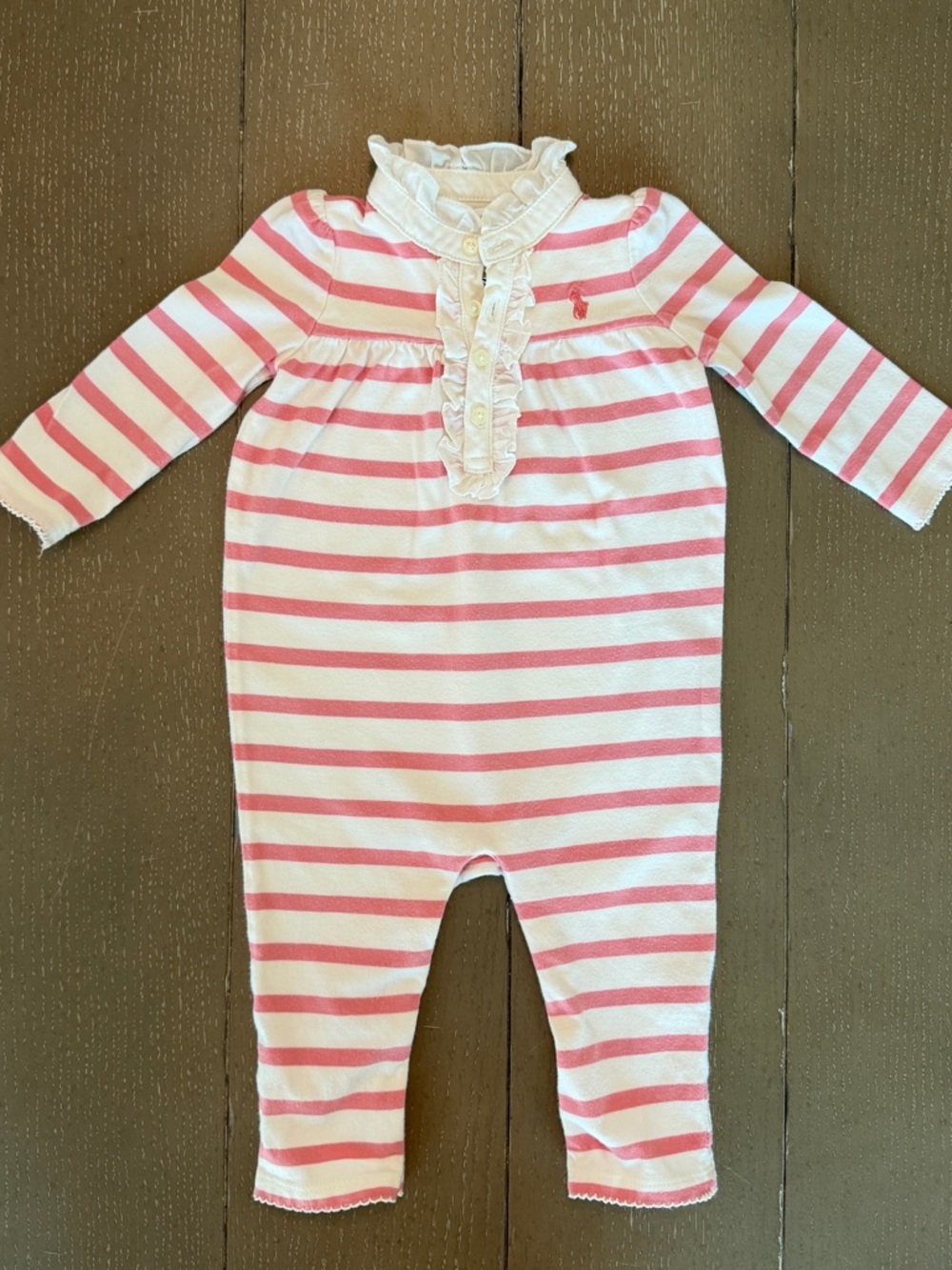 Polo Ralph Lauren Baby Girl Preppy Pink Stripe Long-Sleeve Polo Romper • Size 9M
